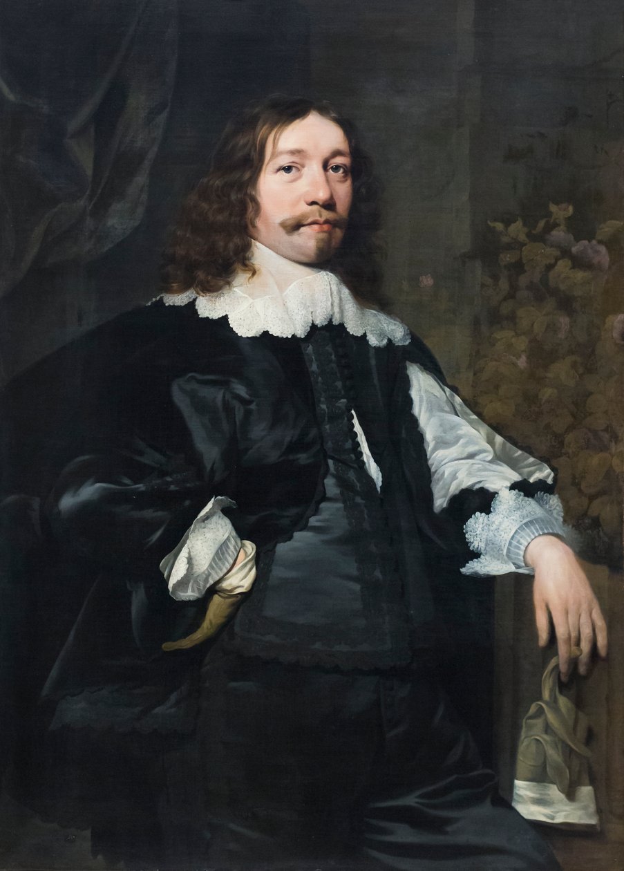 Portræt af en sortklædt mand, der holder en handske af Bartolomeus van der Helst