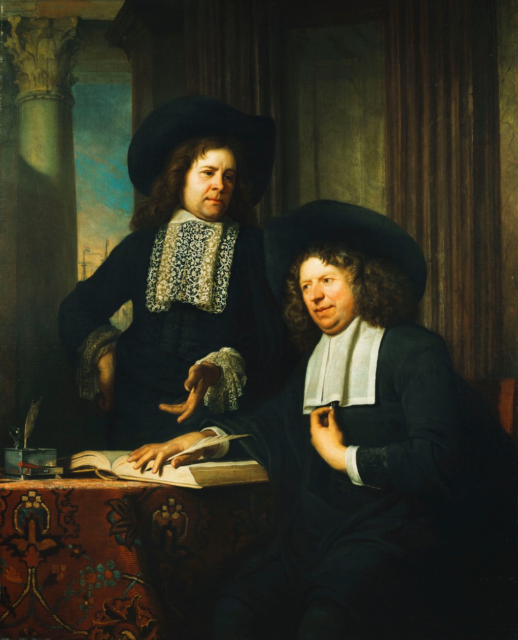 To herrer, en sidder ved et bord, af Bartolomeus van der Helst