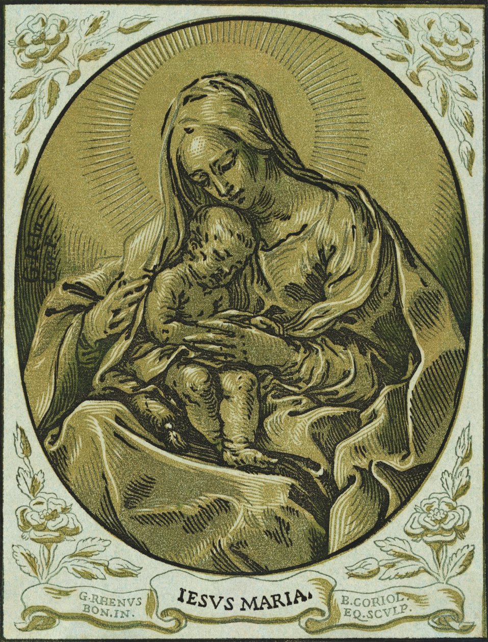 Madonna og barn, chiaroscuro træsnit, af Bartolommeo Coriolano af Bartolommeo Coriolano