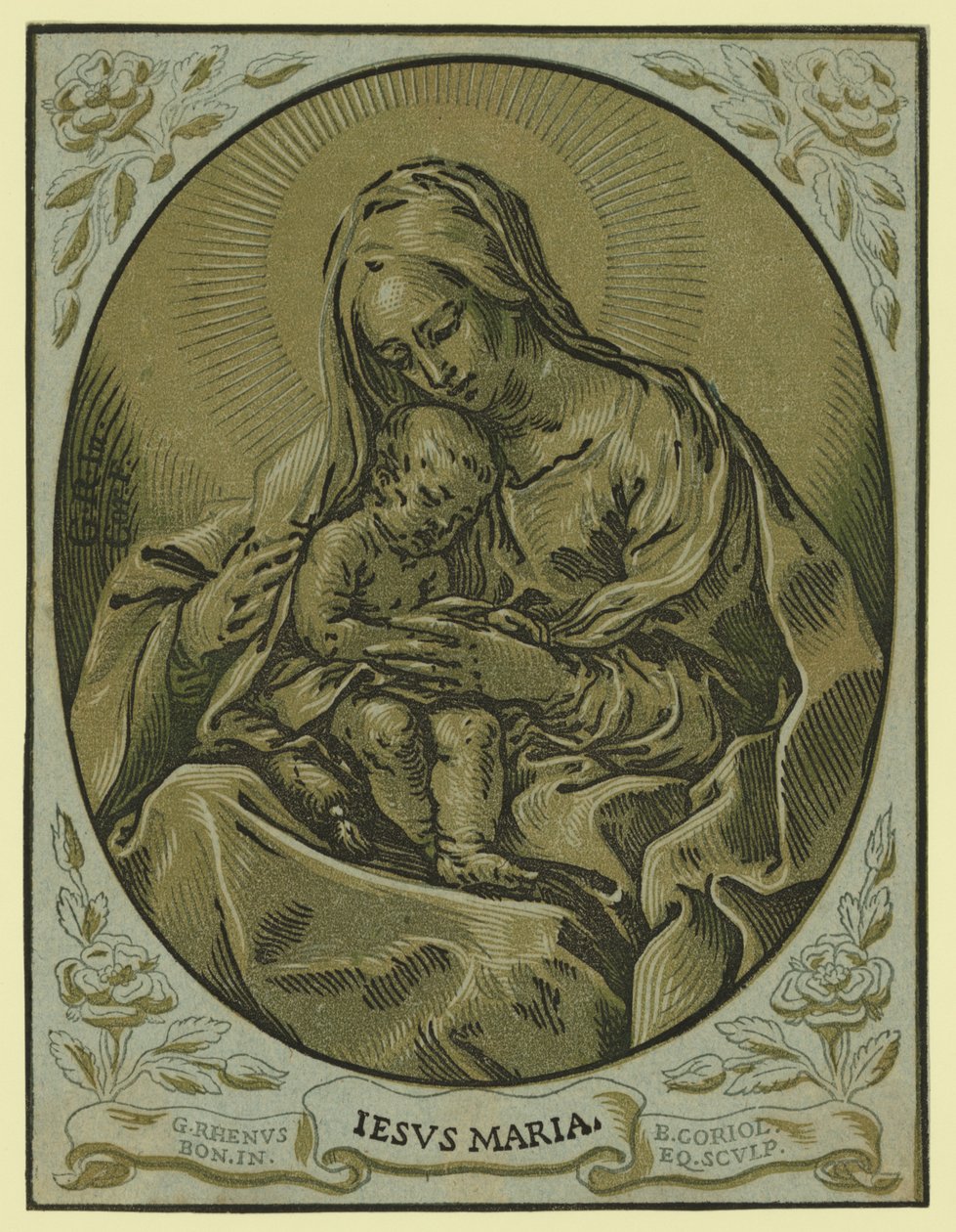 Madonna og barn, chiaroscuro træsnit, af Bartolommeo Coriolano af Bartolommeo Coriolano