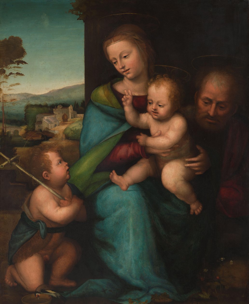 Den hellige familie med spædbarnet Johannes Døberen af Bartolommeo (Fra) (circle of)