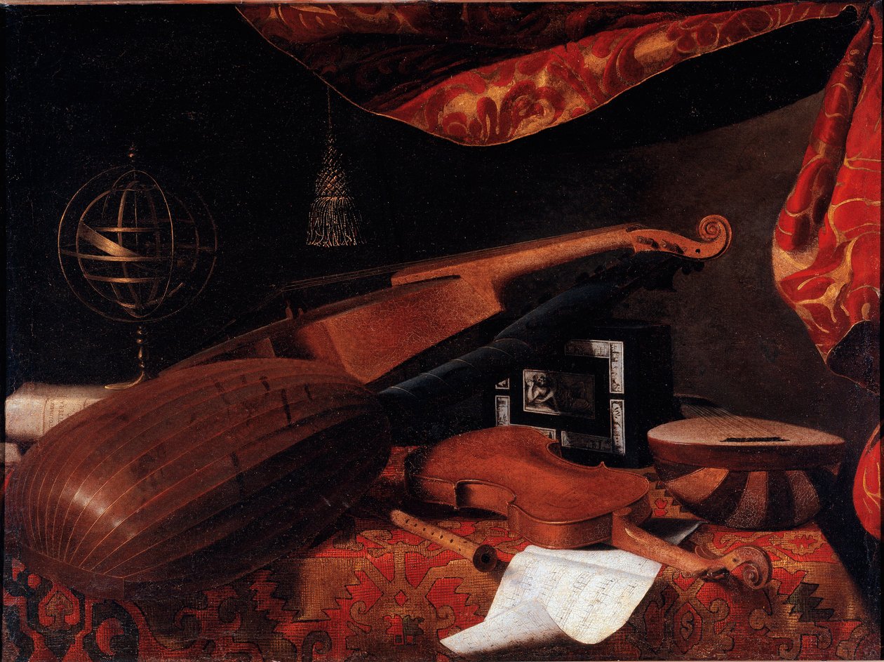 Stilleben med musikinstrumenter (Violin, lut og spinette og armillarkugle) - Maleri af Bartolomeo Bettera (1639-1722), ca. 1660 Olie på lærred Dim: 70,5x94,7 cm - Bergamo, Accademia Carrara af Bartolommeo Bettera