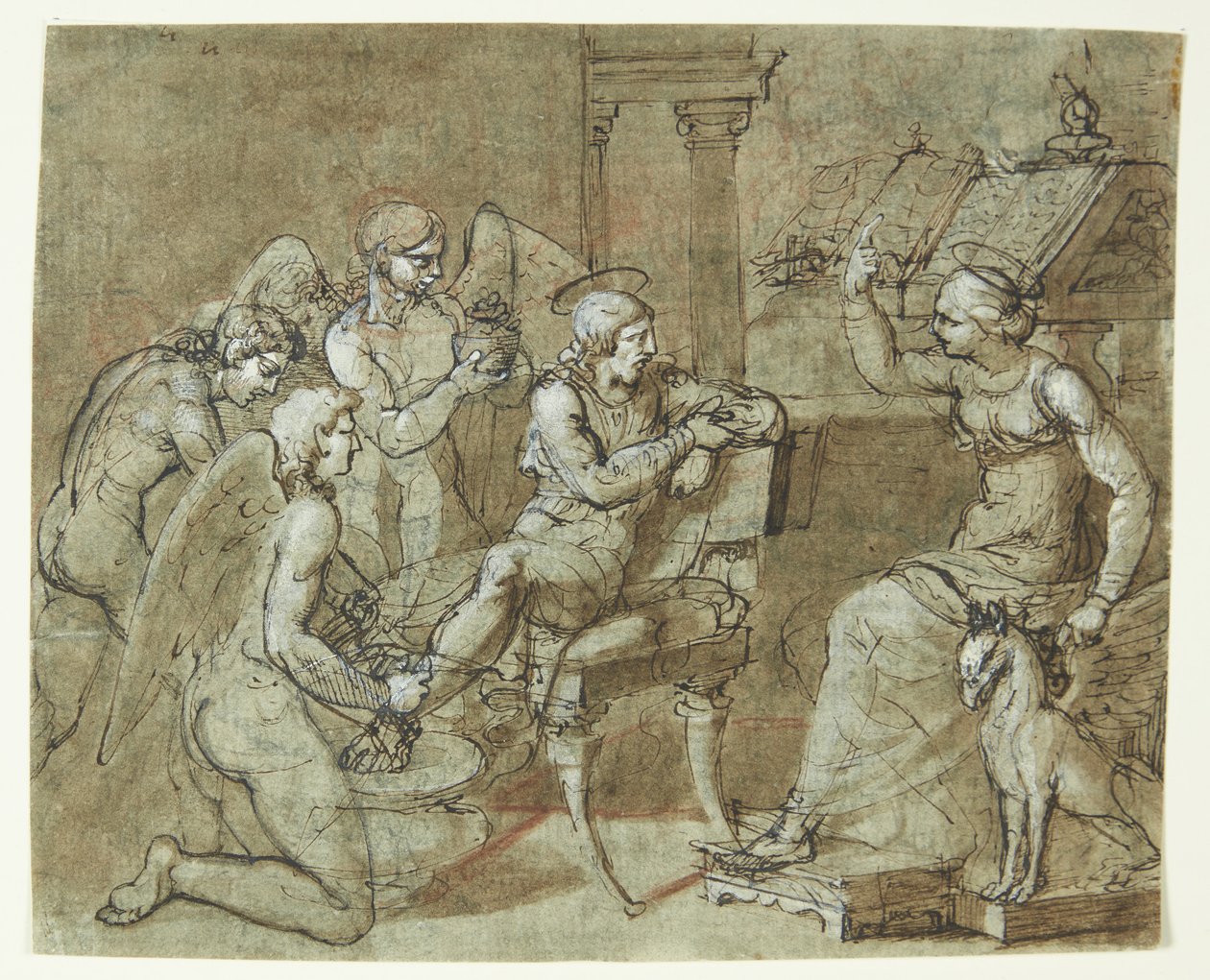 En mandlig helgen vaskes og plejes af engle, mens han lytter til en kvindelig helgen, der sidder foran en læsepult og peger opad. Den Hl.Sebastian hos den Hl.Irene? af Bartolommeo Letterini