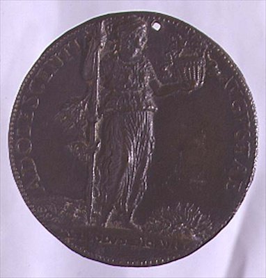 Portrætmedalje med en kvindeskikkelse med en stav i hånden (bronze) (for bagsiden se 96845) af Bartolommeo Melioli