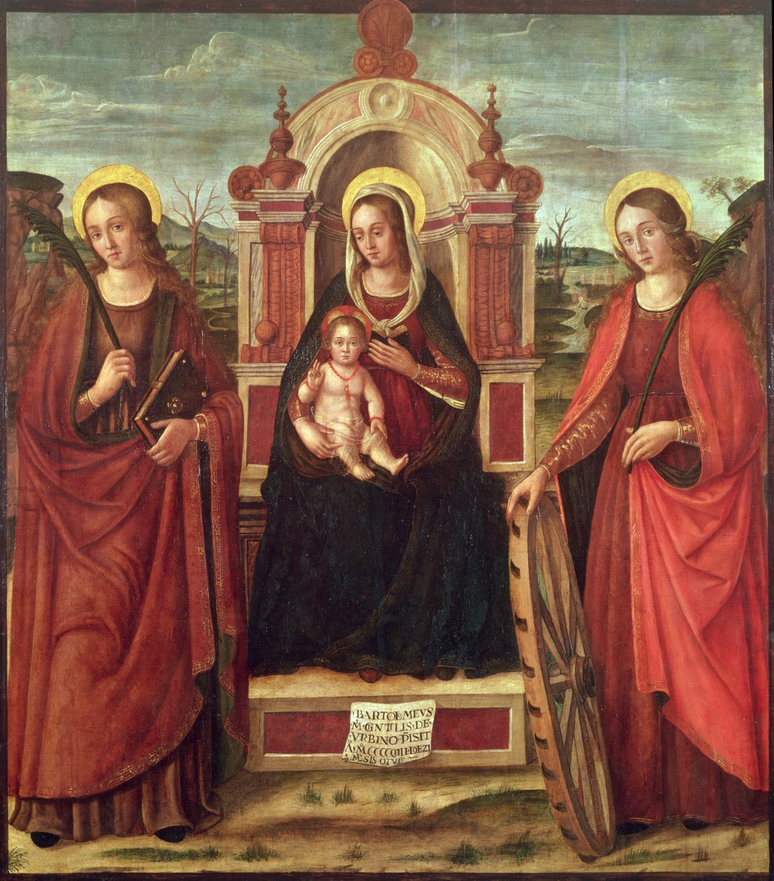 Madonna og barn på tronen med den hellige Katarina af Alexandria og en hellig kvindelig martyr (panel) af Bartolommeo de Gentile de Urbino