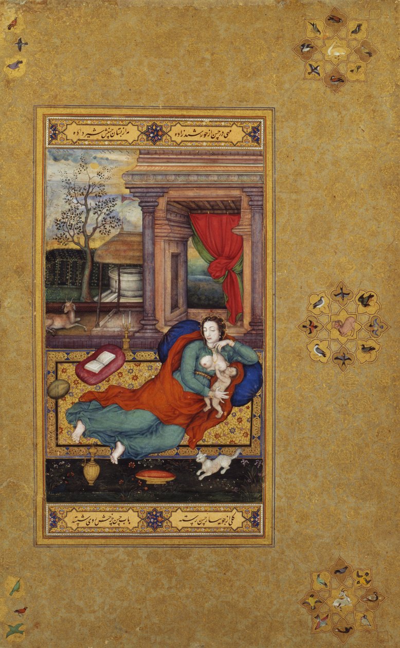 The Virgin and Child, 1590, albumside c.1610 (ugennemsigtig wc og guld på papir) af Basawan