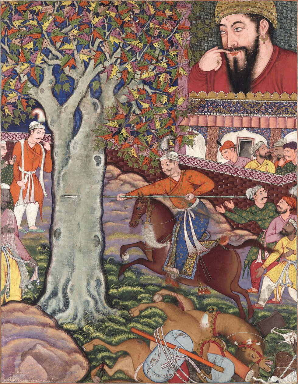 Mahlaj viser sin dygtighed til Zumurrud Shah og kører et spyd gennem et træ (Fra Hamzanama) af Basawan
