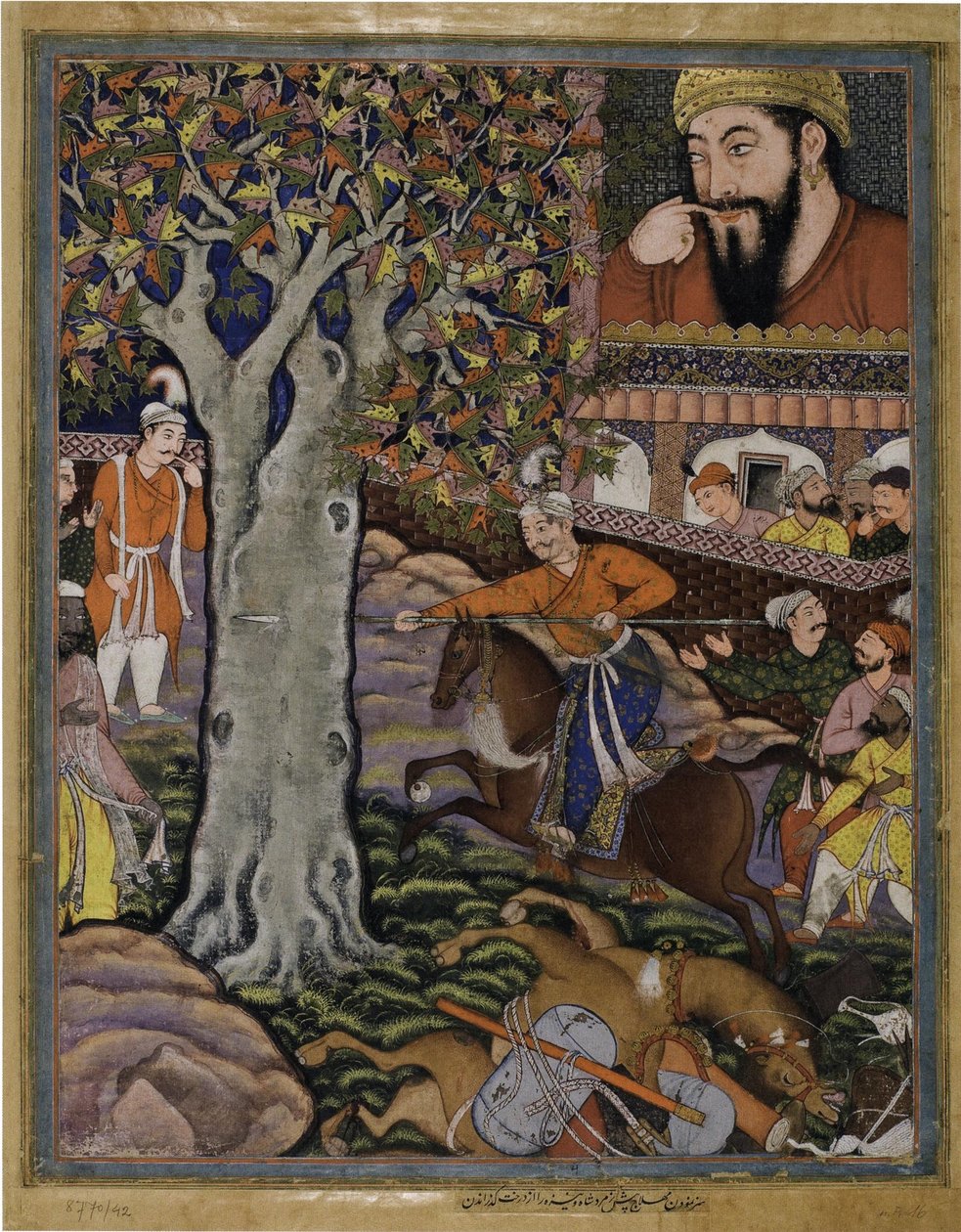 Mahlaj viser sin dygtighed til Zumurrud Shah og kører et spyd gennem et træ (Fra Hamzanama, bind 11) af Basawan