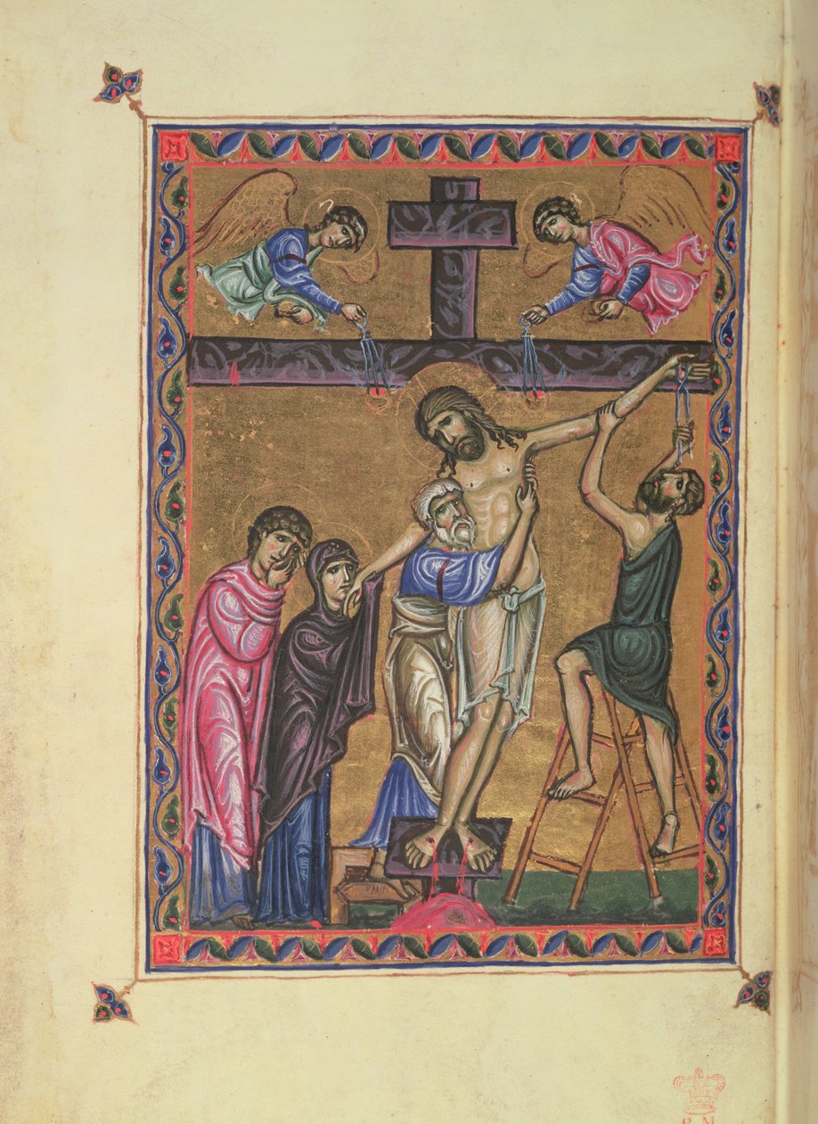 Nedstigningen fra korset, fol. 8b fra MS Egerton 1139, Psalter of Queen Melisende, Jerusalem af Basilius Basilius