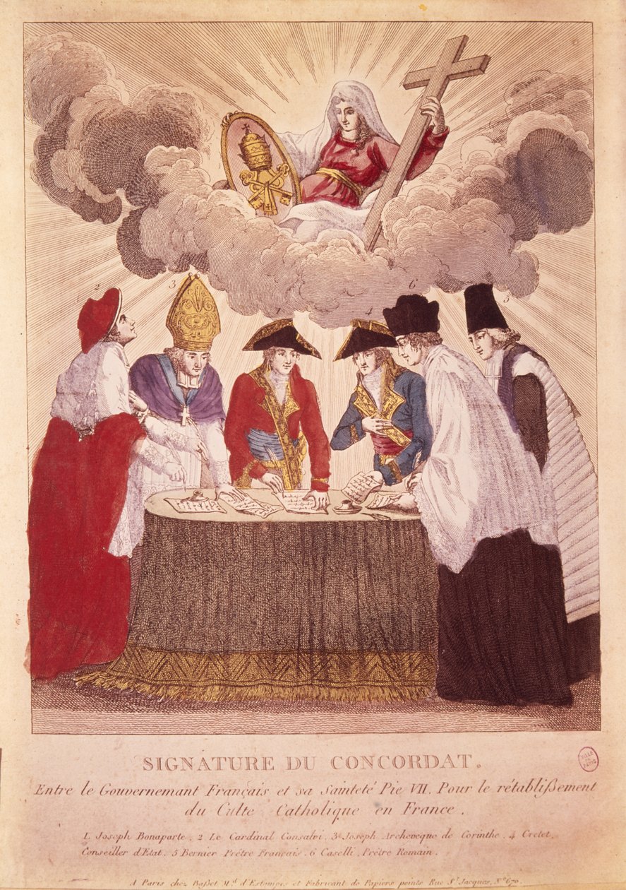 Underskrivelse af konkordatet mellem Napoleon og pave Pius VII, 15. juli 1801 (kobberstik) af Basset