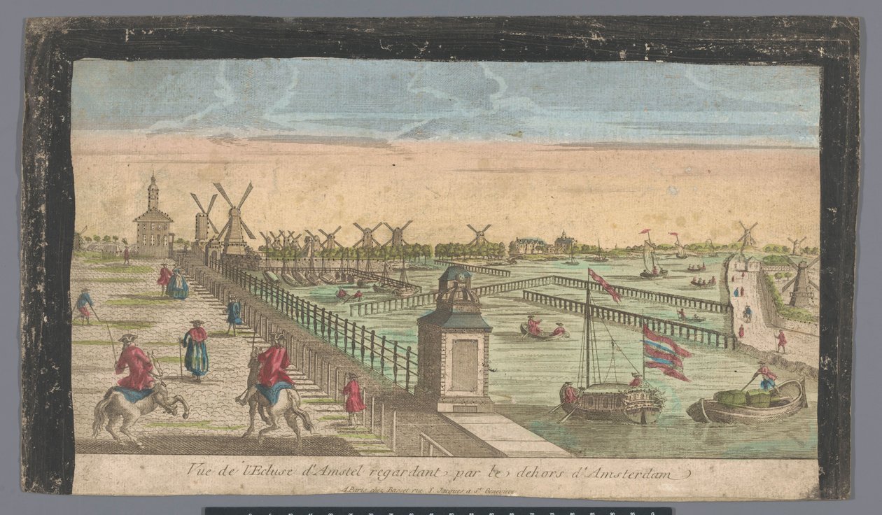Udsigt over Hogesluis mod Buiten-Amstel, Amsteldijk og møllerne ved Zaagmolensloot i Amsterdam Vue de l