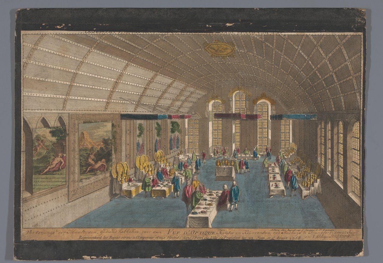 Udsigt over Römer-salen i Frankfurt am Main med et måltid for kejseren og kurfyrstene den 22. juni og den 1. august 1758 Vue d