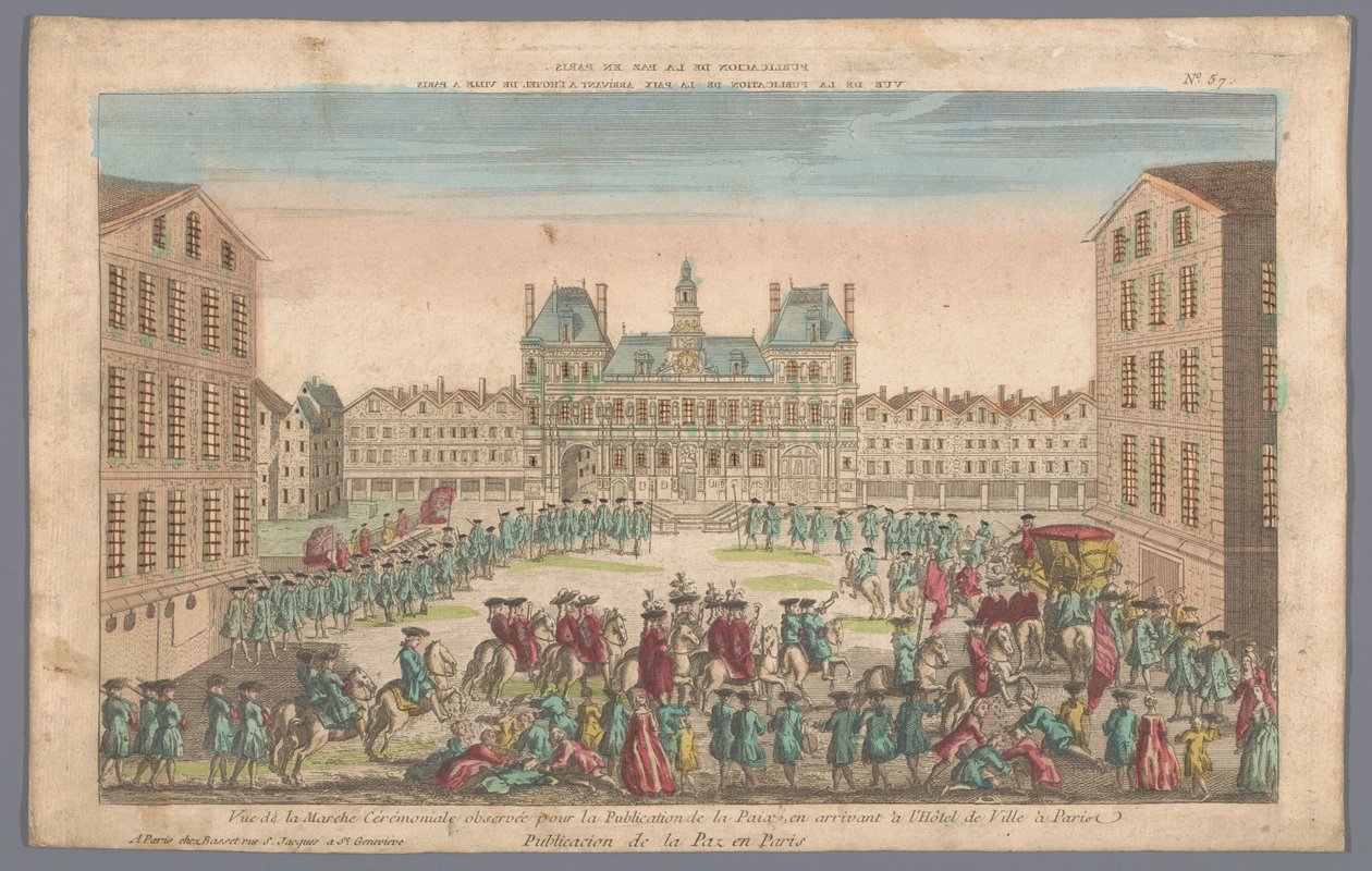 Udsigt over rådhuset i Paris med en procession for at proklamere fred Publicacion de la paz en Paris (titel på objekt) af Basset