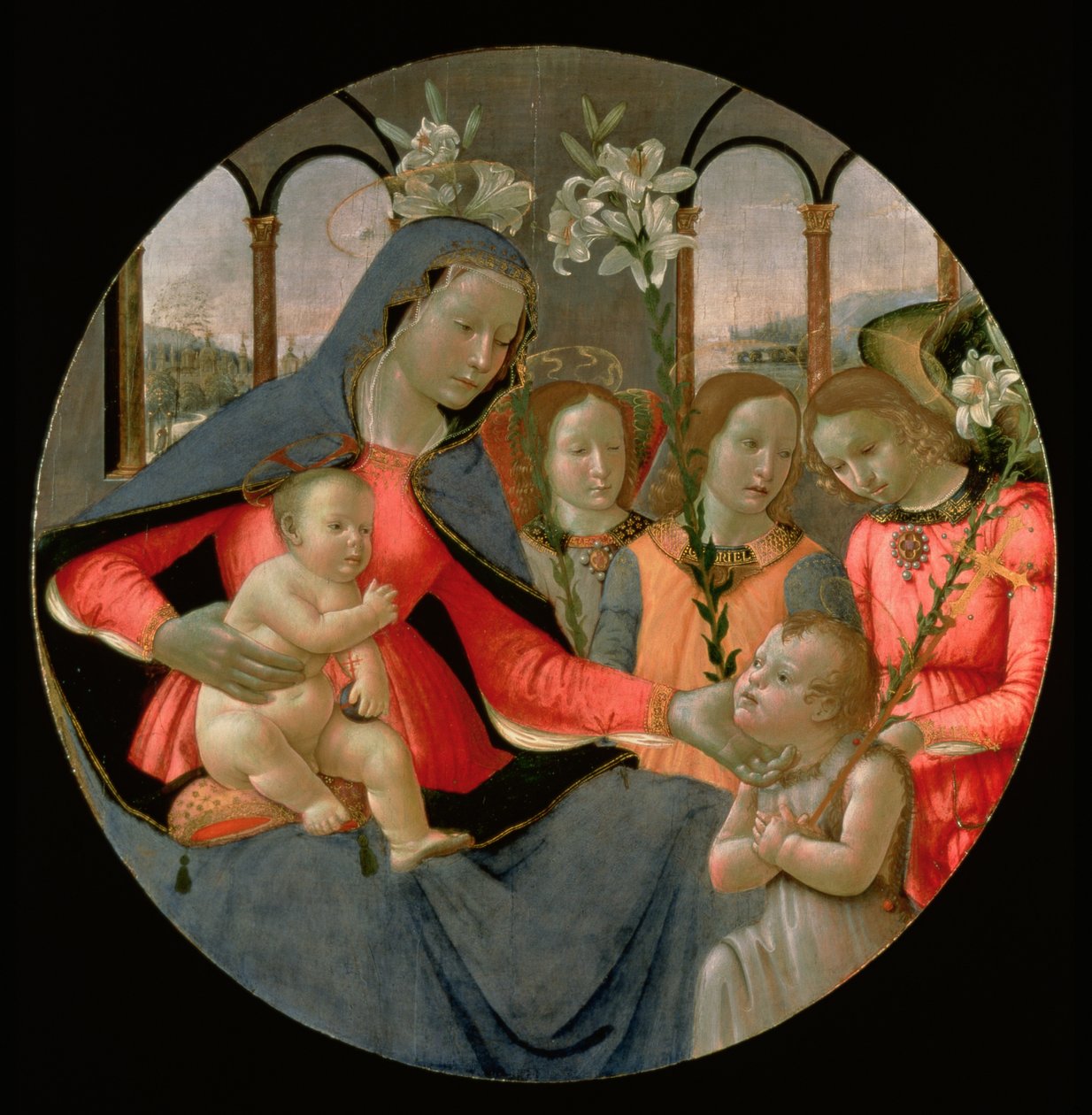 Jomfru og barn med Johannes Døberen og de tre ærkeengle, Raphael, Gabriel og Michael (tempera på panel) af Bastiano Mainardi
