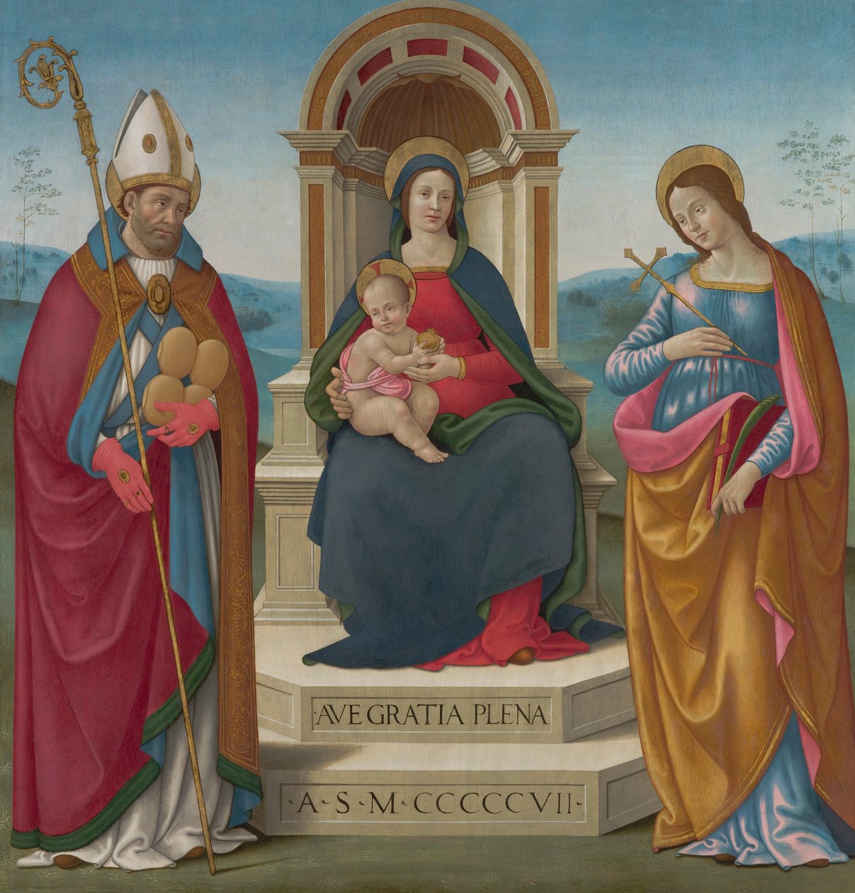 Madonna og barn med St. Justus af Volterra og St. Margaret af Antiochia af Bastiano Mainardi