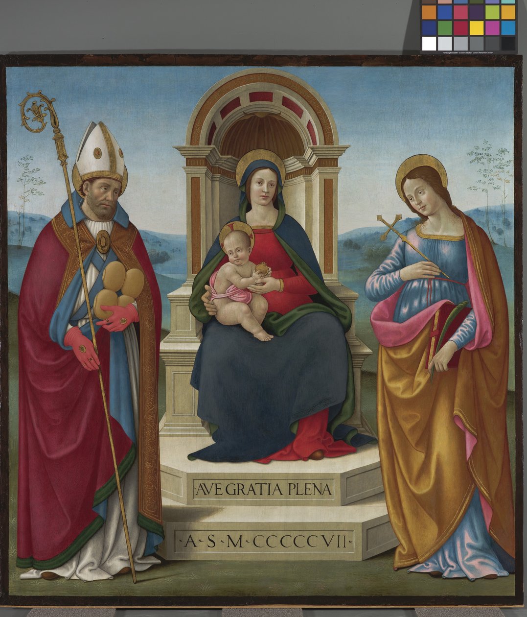 Madonna og barn med Skt. Justus af Volterra og Skt. Margaretha af Antiokia af Bastiano Mainardi