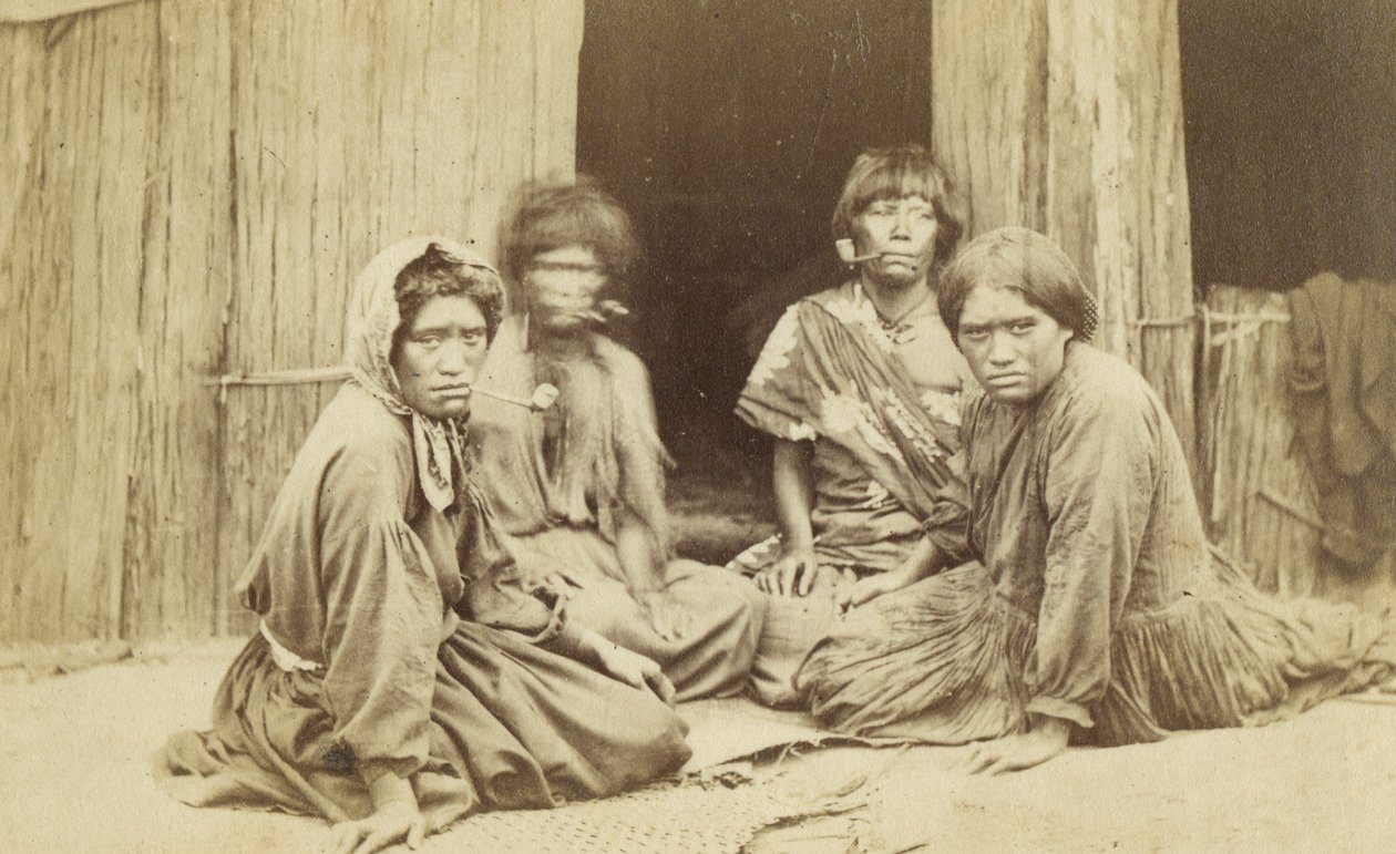 Gruppe af maorikvinder uden for en whare, ca. 1865 (albumenprint) af Batt and Richards