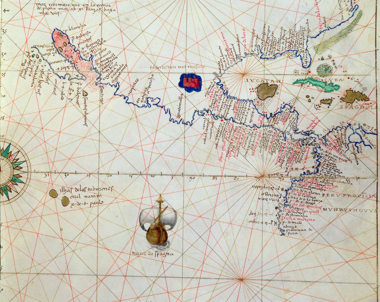 Mellemamerika, fra et verdensatlas i 33 kort, Venedig, 1. september 1553 (blæk på vellum) (detalje fra 330960) af Battista Agnese