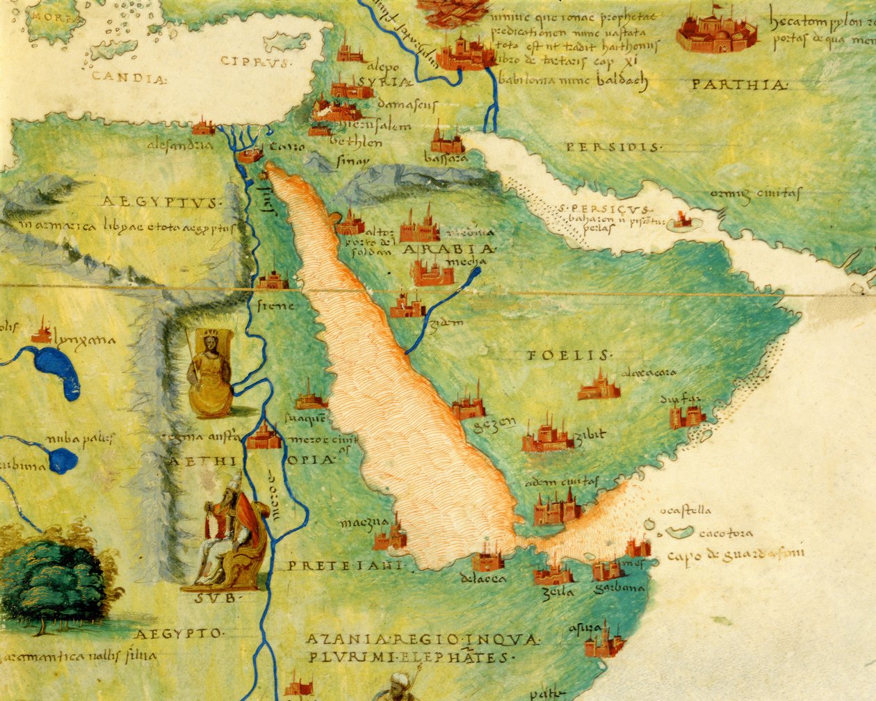 Etiopien, Det Røde Hav og Saudi-Arabien, fra et verdensatlas i 33 kort, Venedig, 1. september 1553 (blæk på vellum) (detalje fra 330946) af Battista Agnese