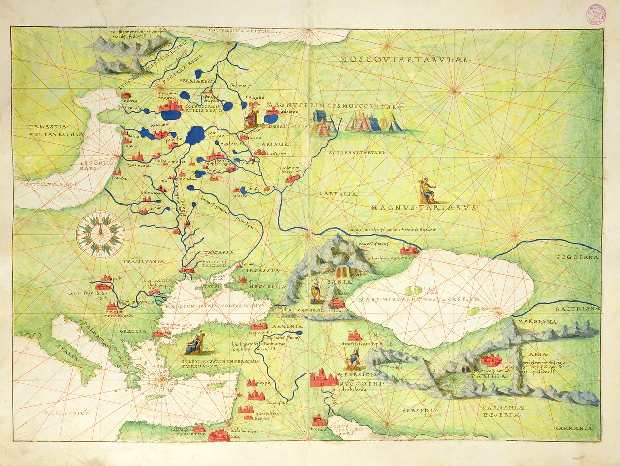 Europa og Centralasien, fra et verdensatlas i 33 kort, Venedig, 1. september 1553 (blæk på vellum) (se også 330954) af Battista Agnese
