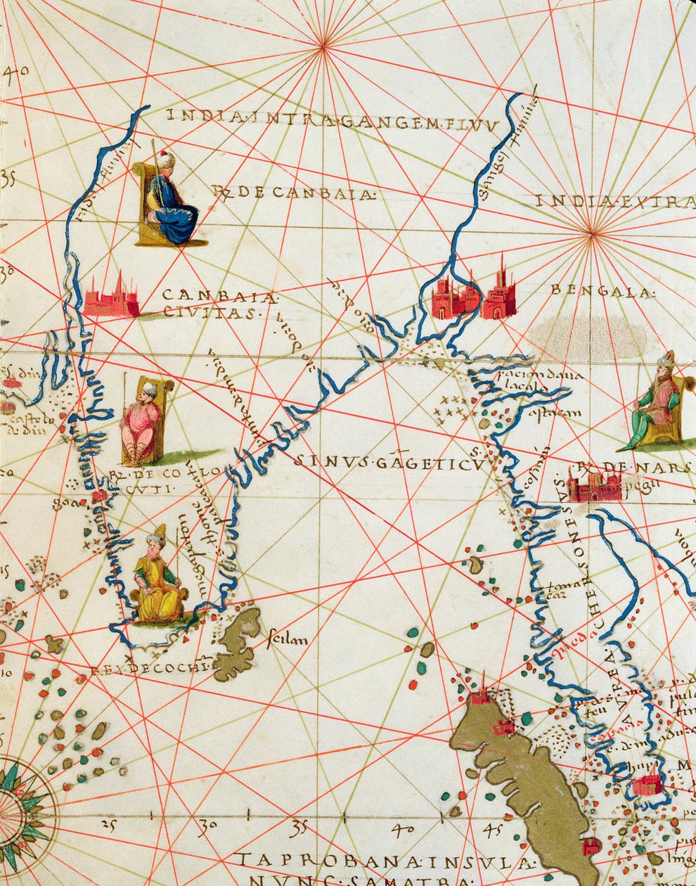 Indien og Malaysia, fra et verdensatlas i 33 kort, Venedig, 1. september 1553 (blæk på vellum) (detalje fra 330955) af Battista Agnese