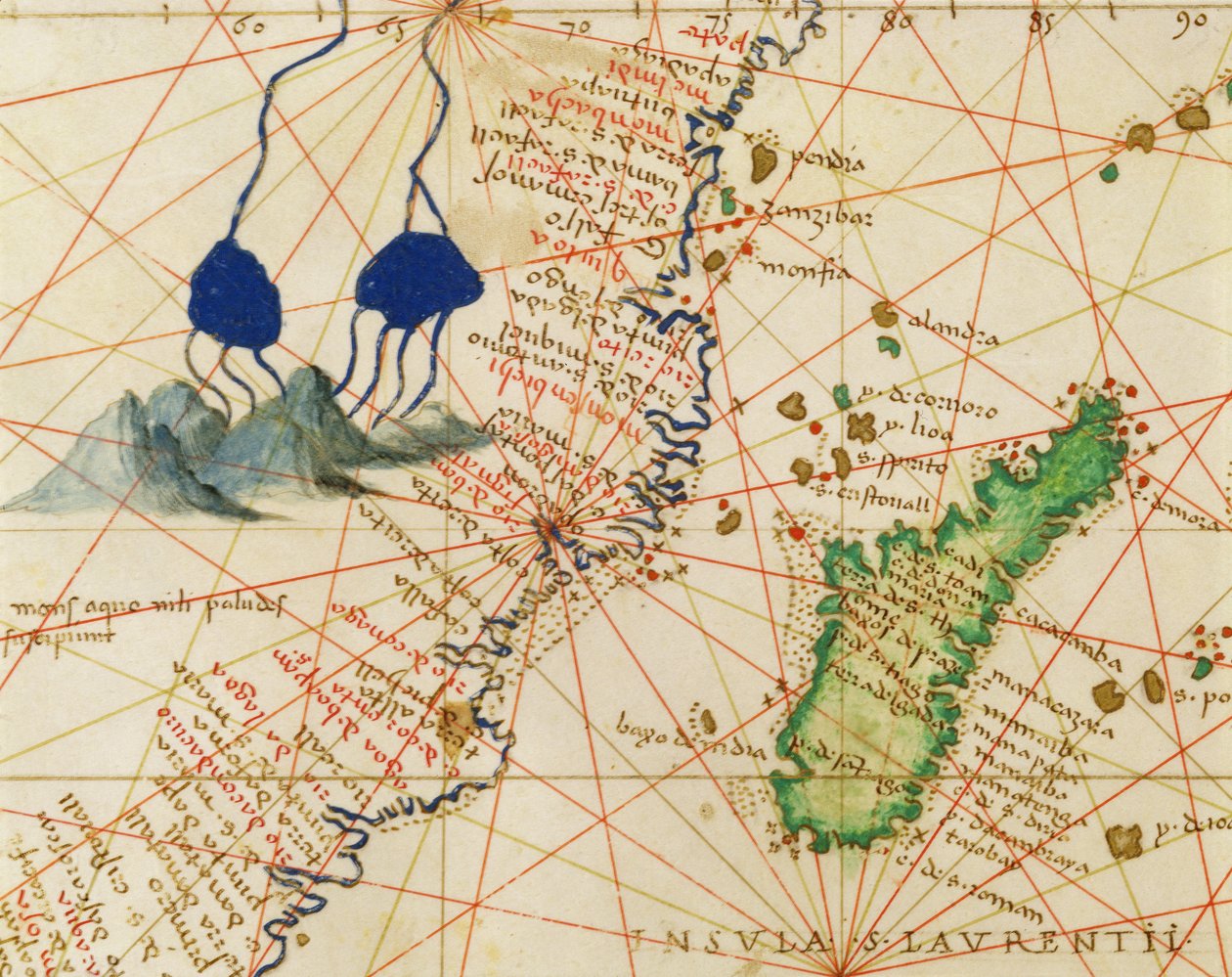 Madagaskar, fra et verdensatlas i 33 kort, Venedig, 1. september 1553 (blæk på vellum) (detalje fra 330955) af Battista Agnese