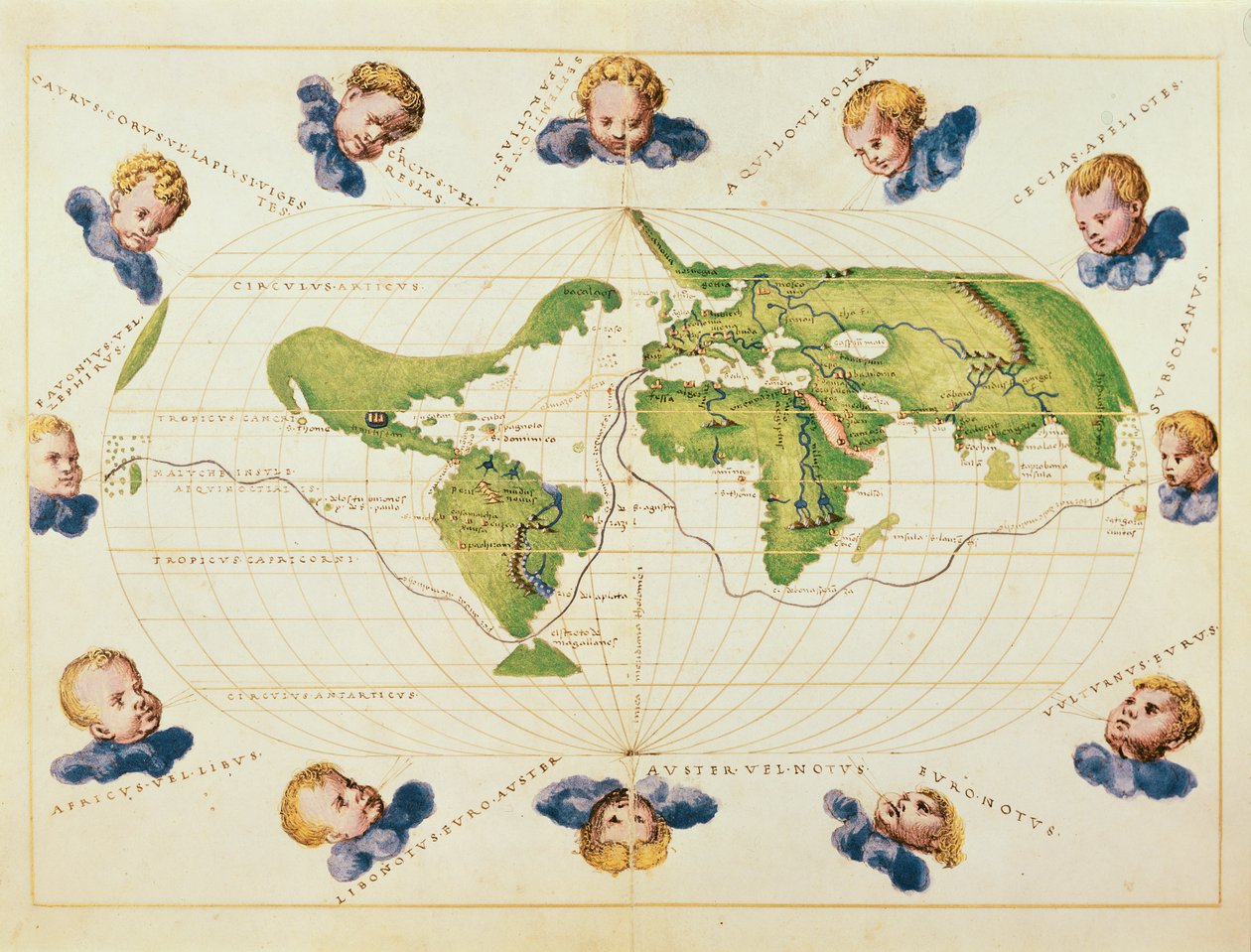 Kort over Magellans rejse jorden rundt, ca. 1540 (manuskript på vellum) af Battista Agnese