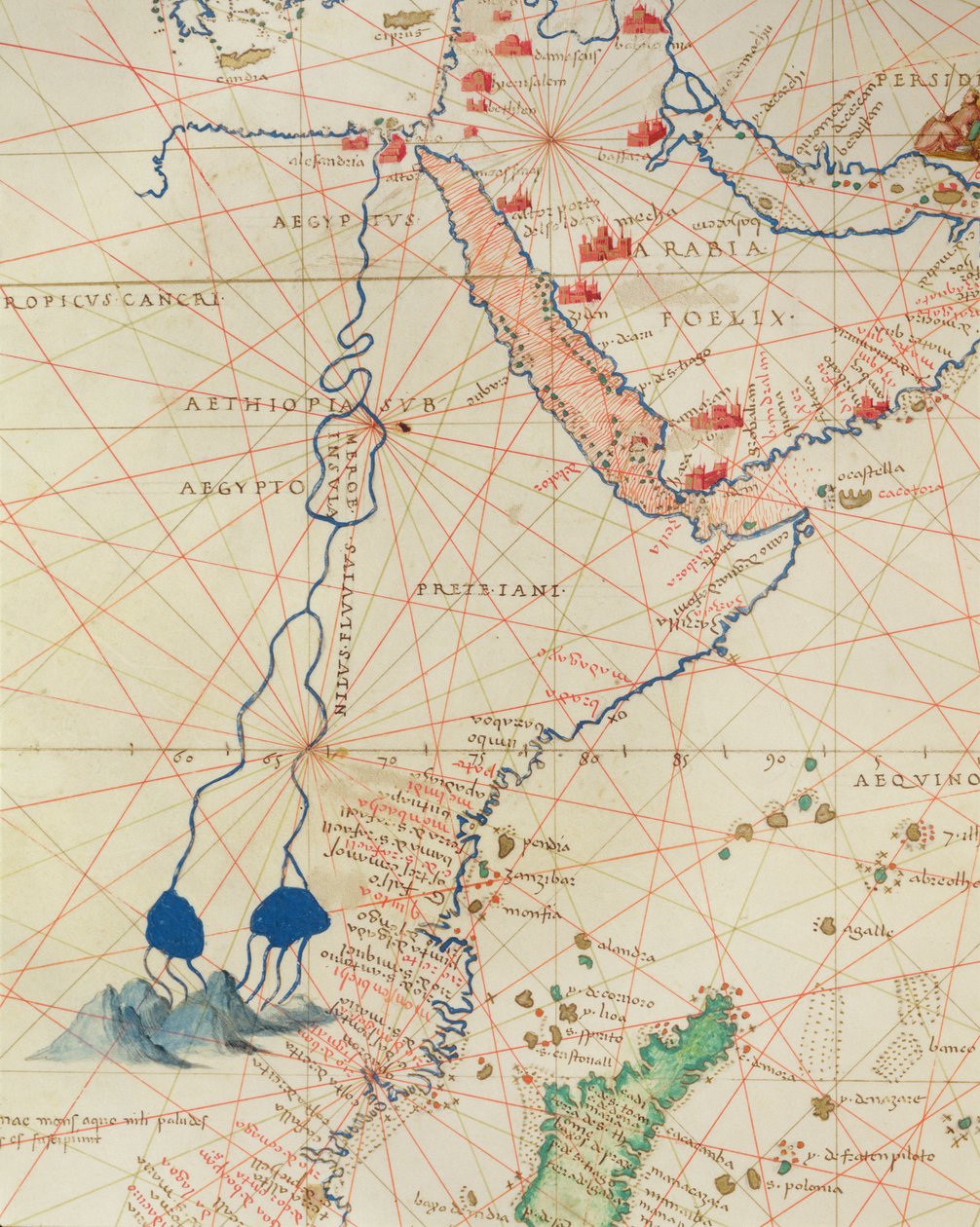 En del af Afrika, fra et verdensatlas i 33 kort, Venedig, 1. september 1553 (blæk på vellum) (detalje fra 330955) af Battista Agnese