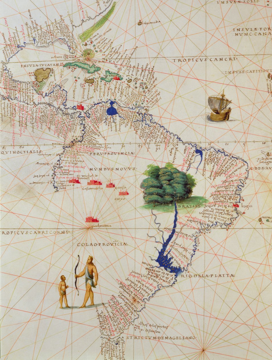 Sydamerika, fra et verdensatlas i 33 kort, Venedig, 1. september 1553 (blæk på vellum) (detalje fra 330959) af Battista Agnese