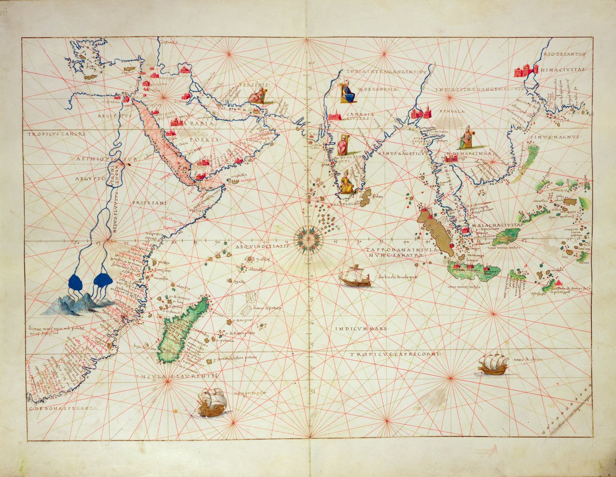 Det Indiske Ocean, fra et verdensatlas i 33 kort, Venedig, 1. september 1553 (blæk på vellum) (se også 330956) af Battista Agnese