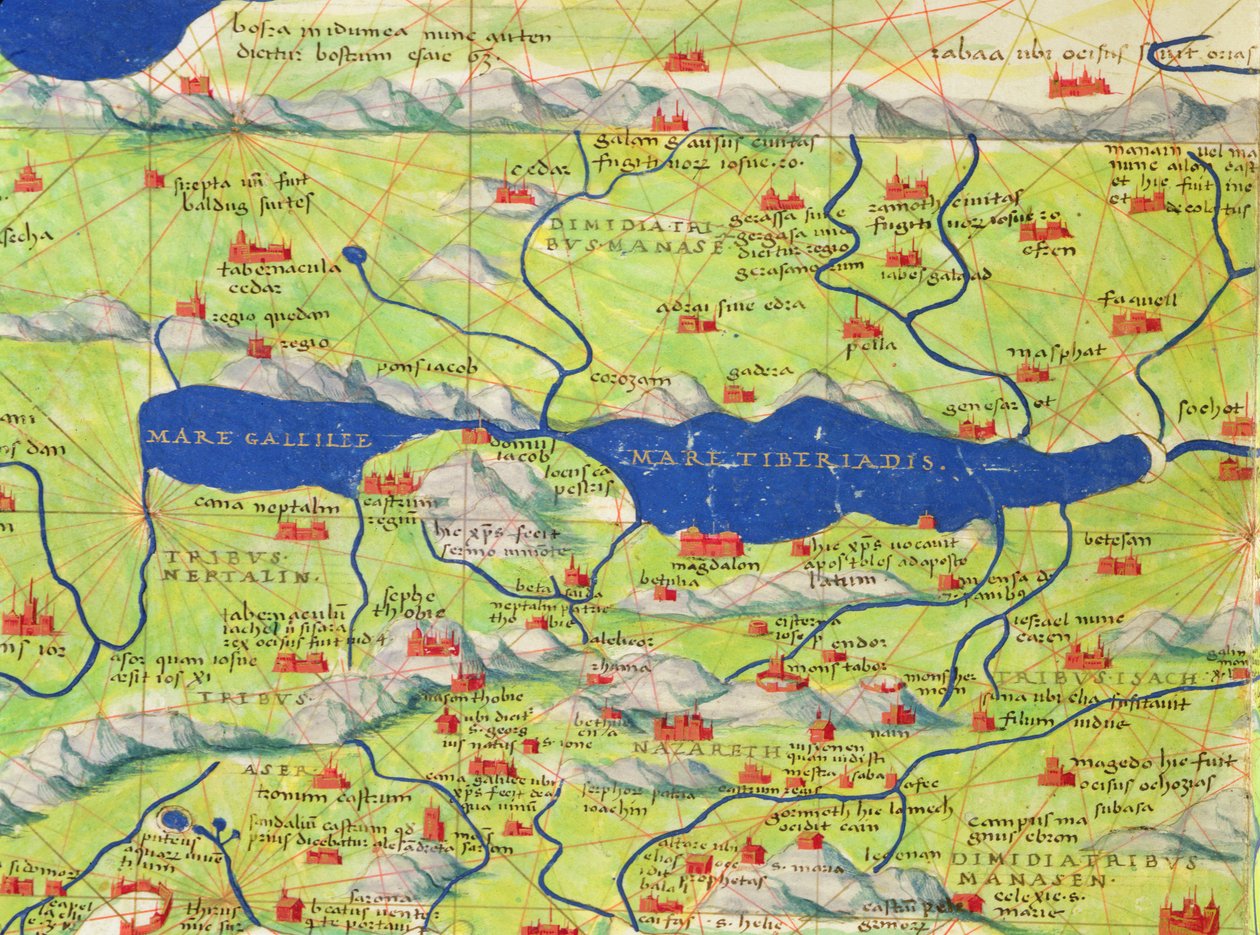 Genesaret Sø, fra et verdensatlas i 33 kort, Venedig, 1. september 1553 (blæk på pergament) (detalje fra 330966) af Battista Agnese