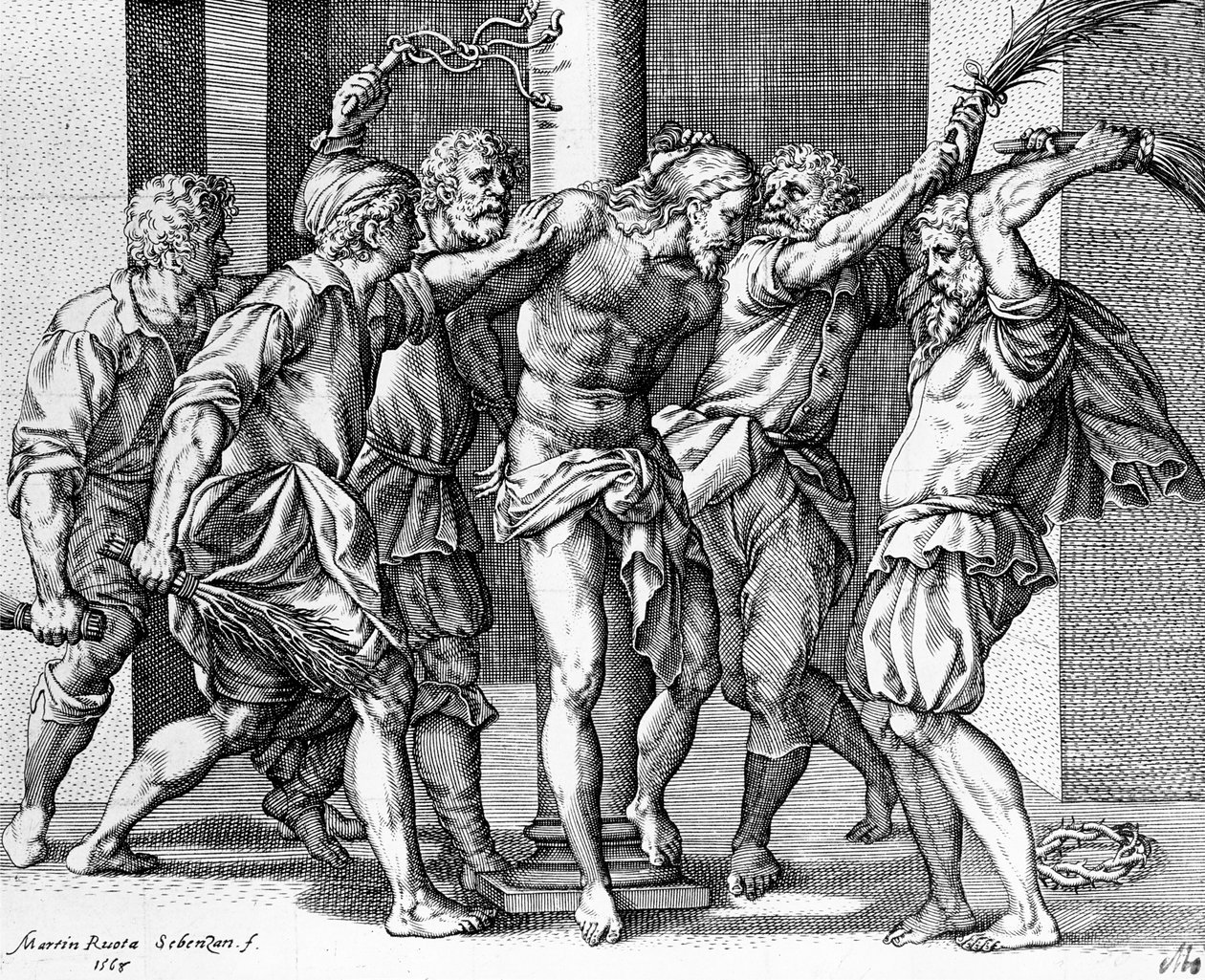 Kristi flagellation, graveret af Martin Rota af Battista (after) Franco