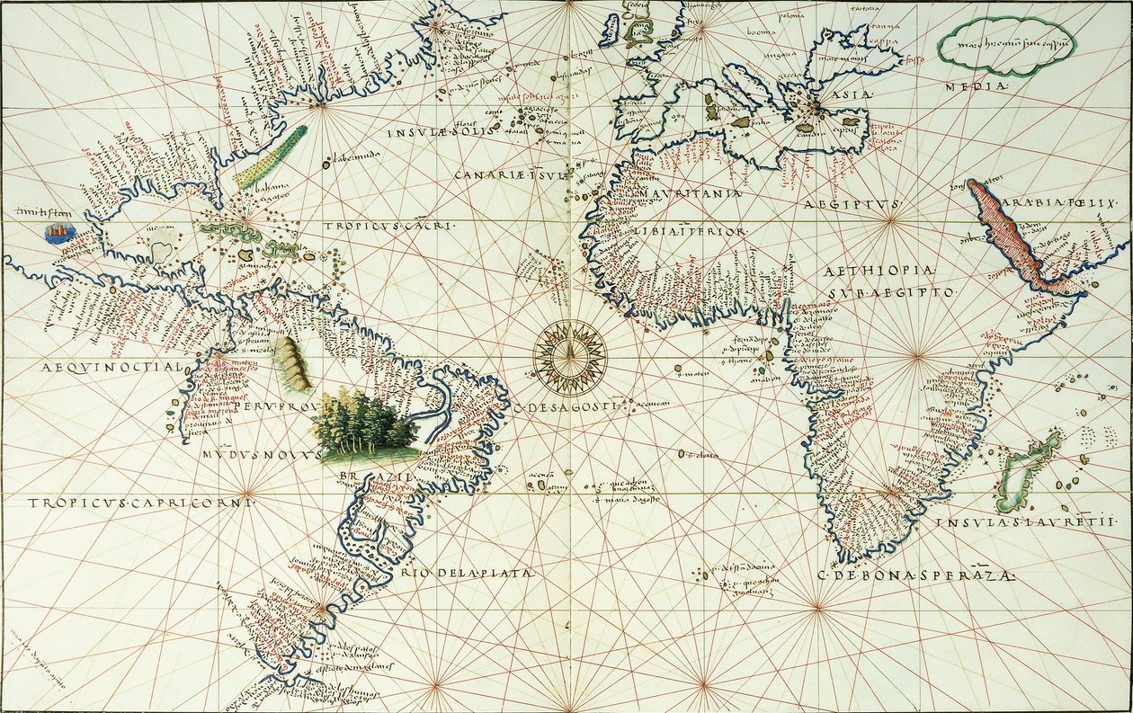 Et dobbeltsidet kort over Atlanterhavet, der viser Nord- og Sydamerikas østkyst, 1544 af Battista Agnese