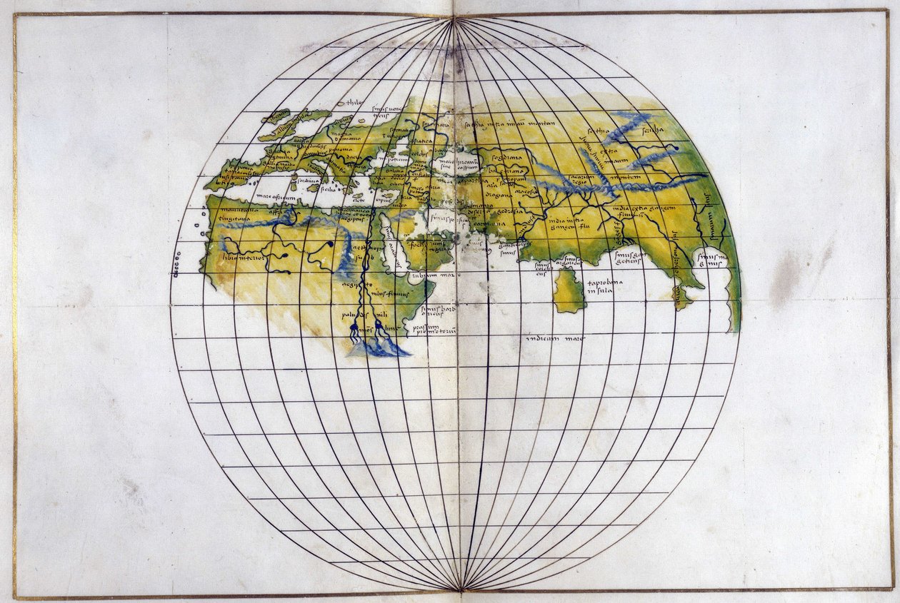 Eger. 2854. f.14v-15 Halvkuglekort over den gamle Verden, fra Europa og Afrika til Indien; viser divisionerne af Ptolemæus, ca. 1540 (vellum) af Battista Agnese