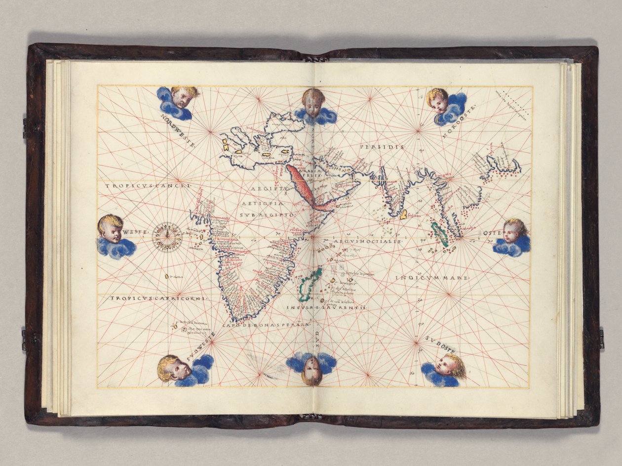 Fos. 11v-12r Diagram 3: Det Indiske Ocean, Portolans verdensatlas, Venedig, ca. 1542-46 af Battista Agnese