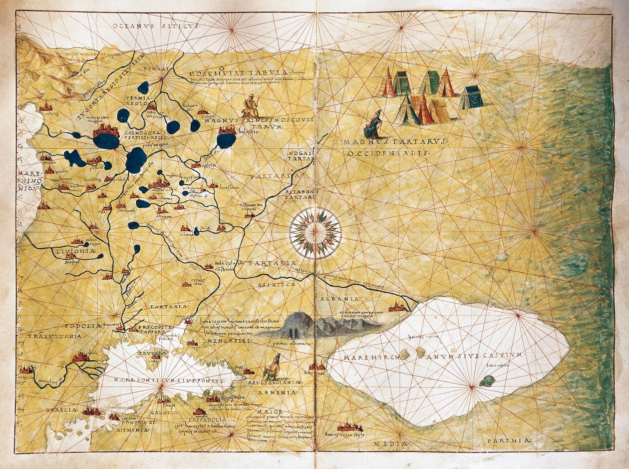 Moschoviae Tabula, kort over Rusland og europæiske byer langs Volga-floden af Battista Agnese