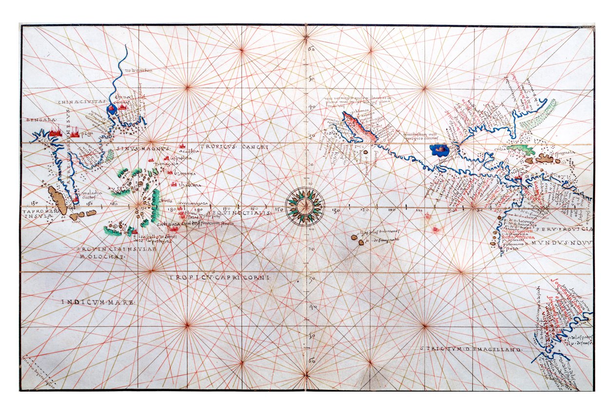 Navigationskort, der viser Kina, Ceylon og Filippinerne og Krebsens og Stenbukkens trope, ca. 1540 af Battista Agnese