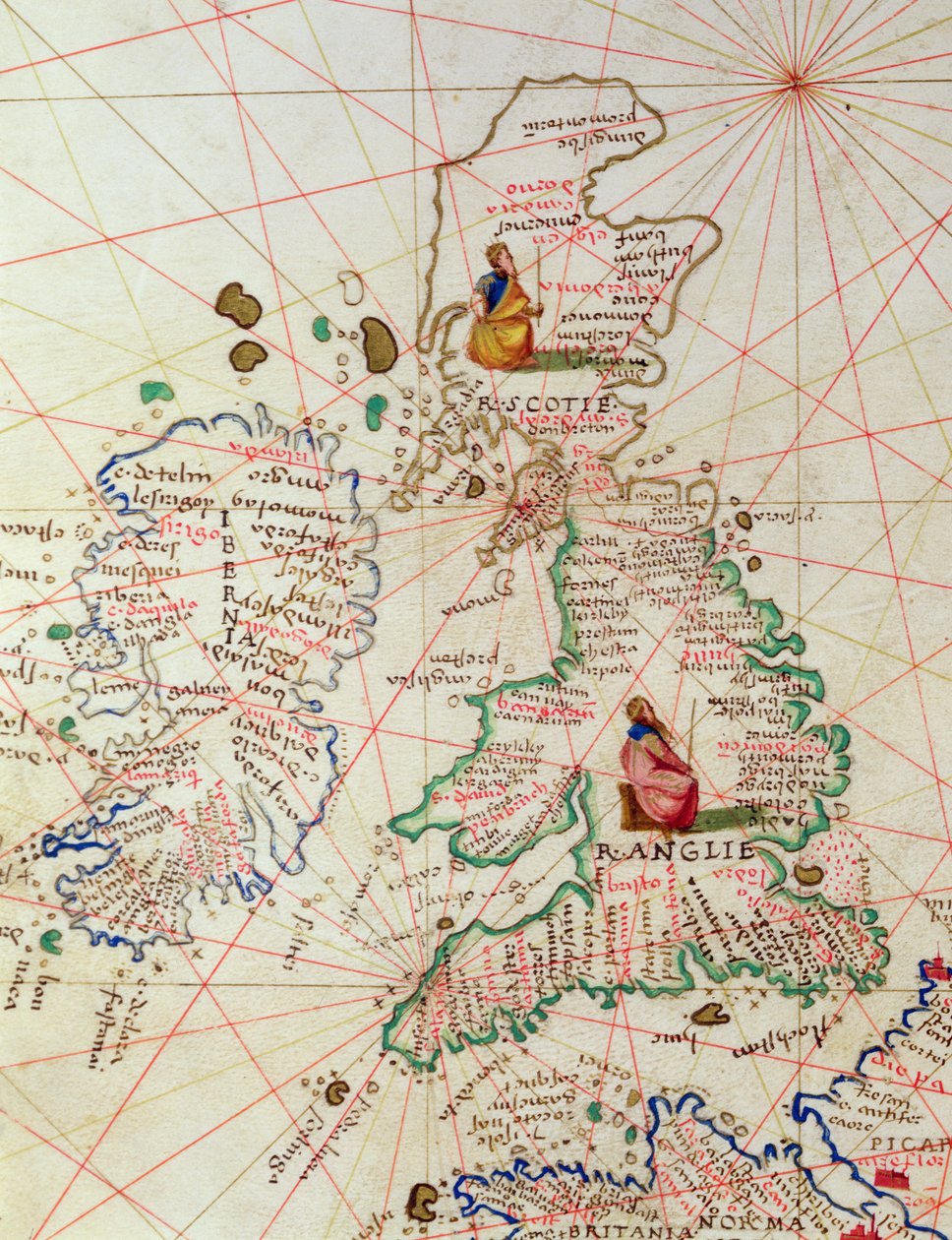 Kongerigerne England og Skotland, fra et verdensatlas i 33 kort, Venedig, 1. september 1553 (blæk på vellum) (detalje fra 330949) af Battista Agnese