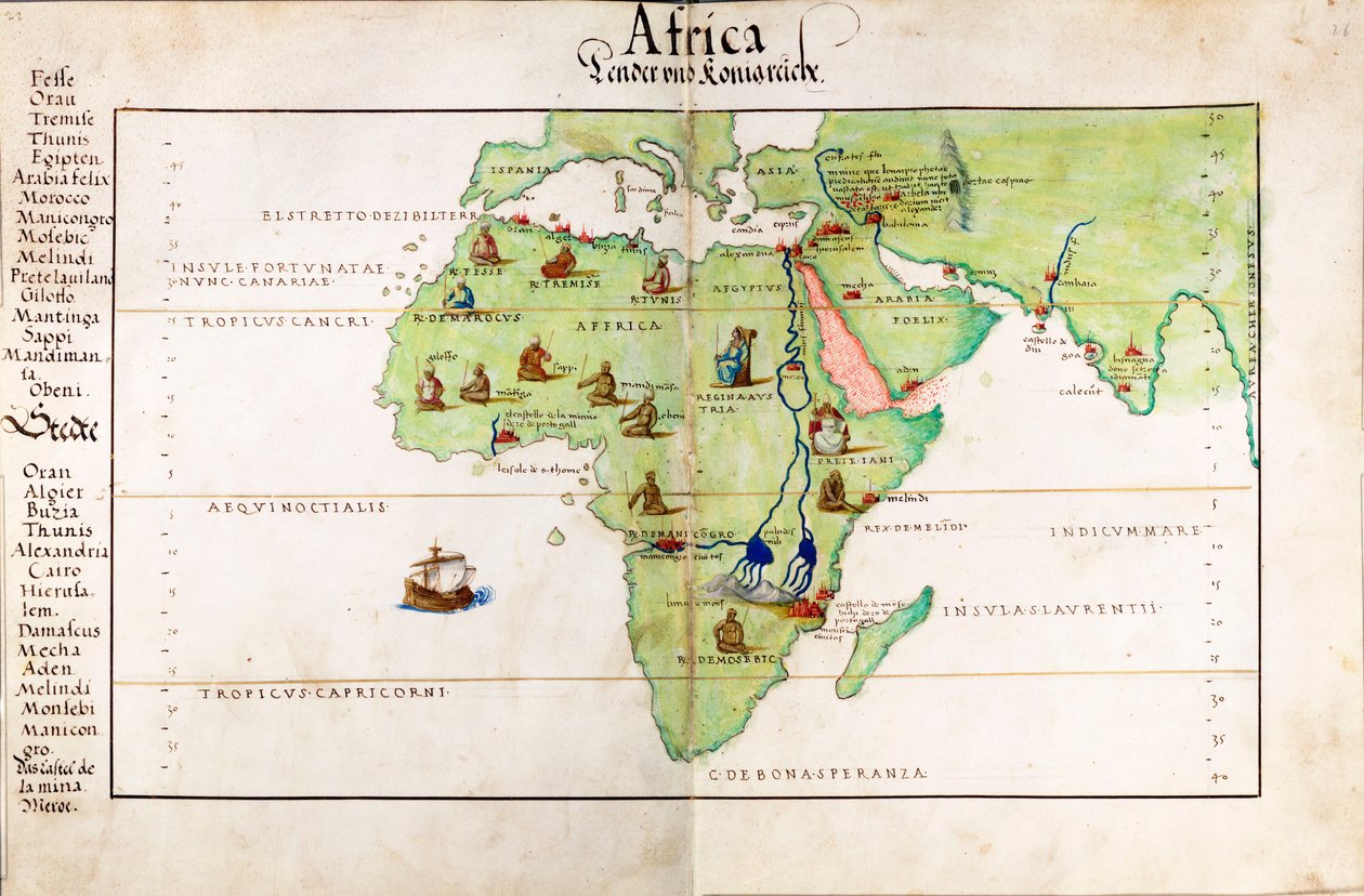 Vellumkort over Afrika, Indien og Middelhavet af Battista Agnese