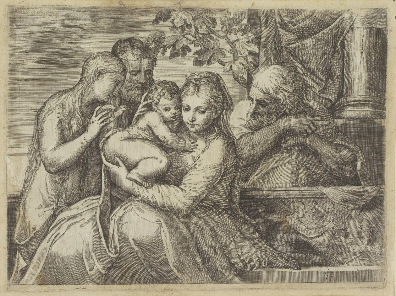 Hellig familie med hellige af Battista Angolo del Moro (attributed to)