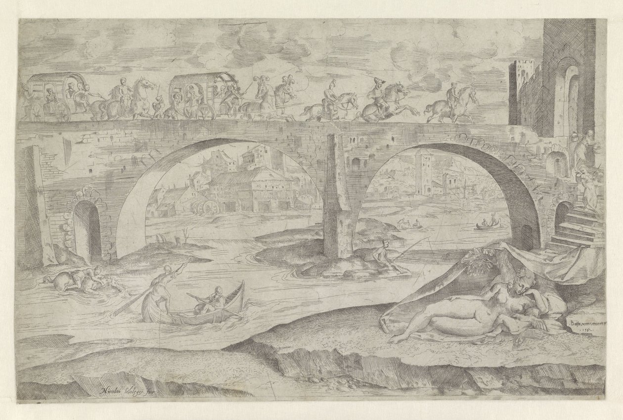 Venus og Amor i bybilledet med en bro af Battista Angolo del Moro