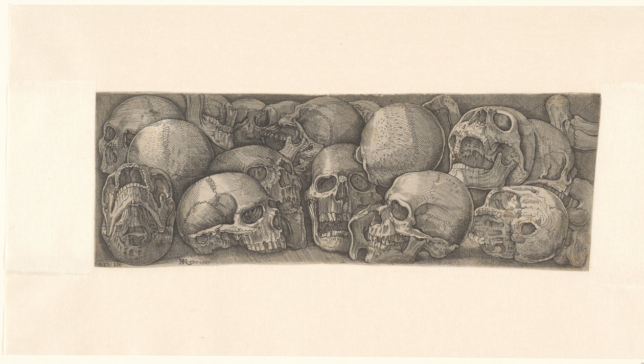 Menneskekranier, set fra forskellige vinkler og grupperet som en frise af Battista Franco (attributed to)