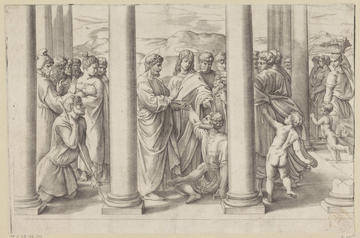 De hellige Peter og Johannes helbreder en lammelse i et tempel af Battista Franco