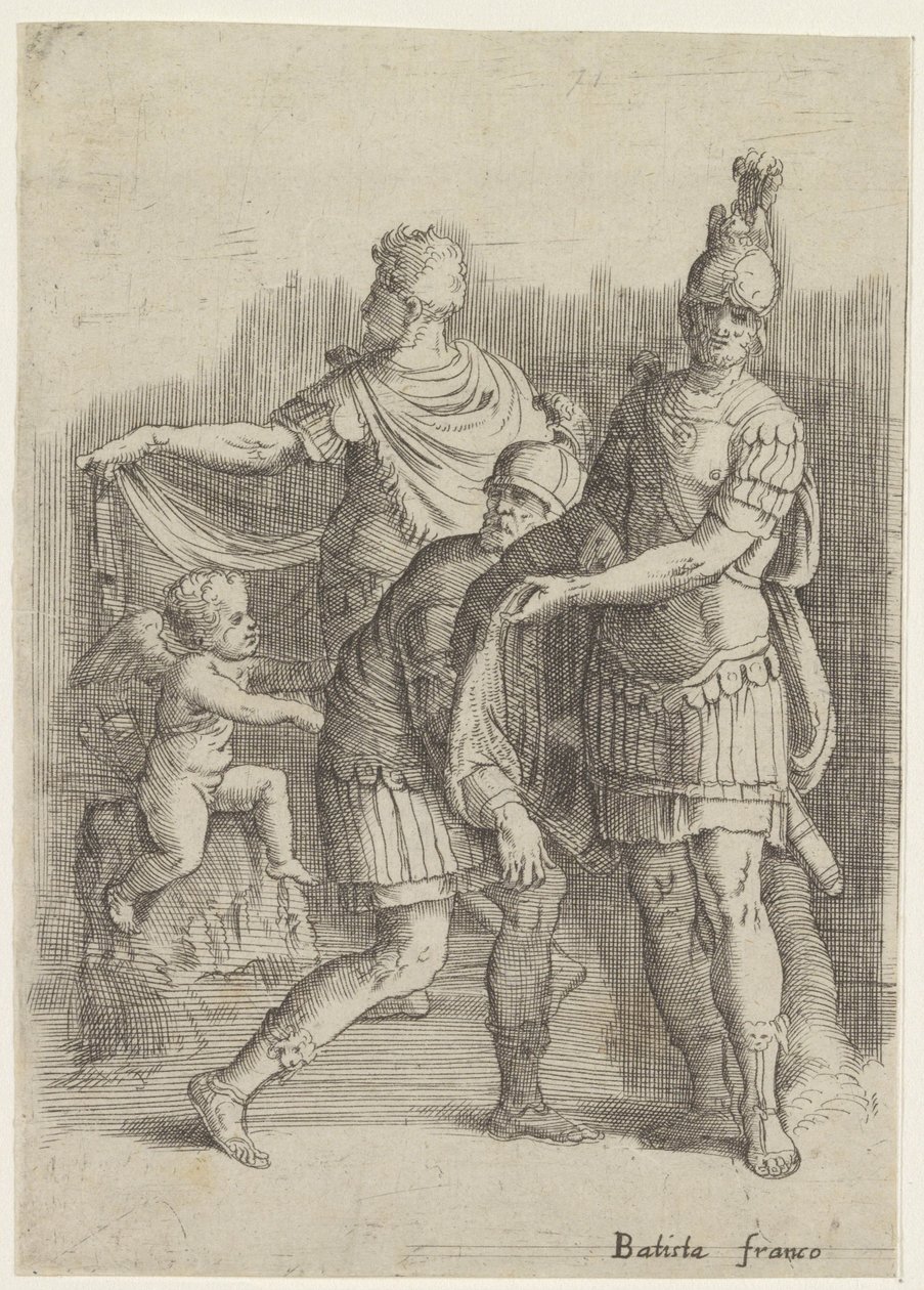 Tre soldater og en putto af Battista Franco