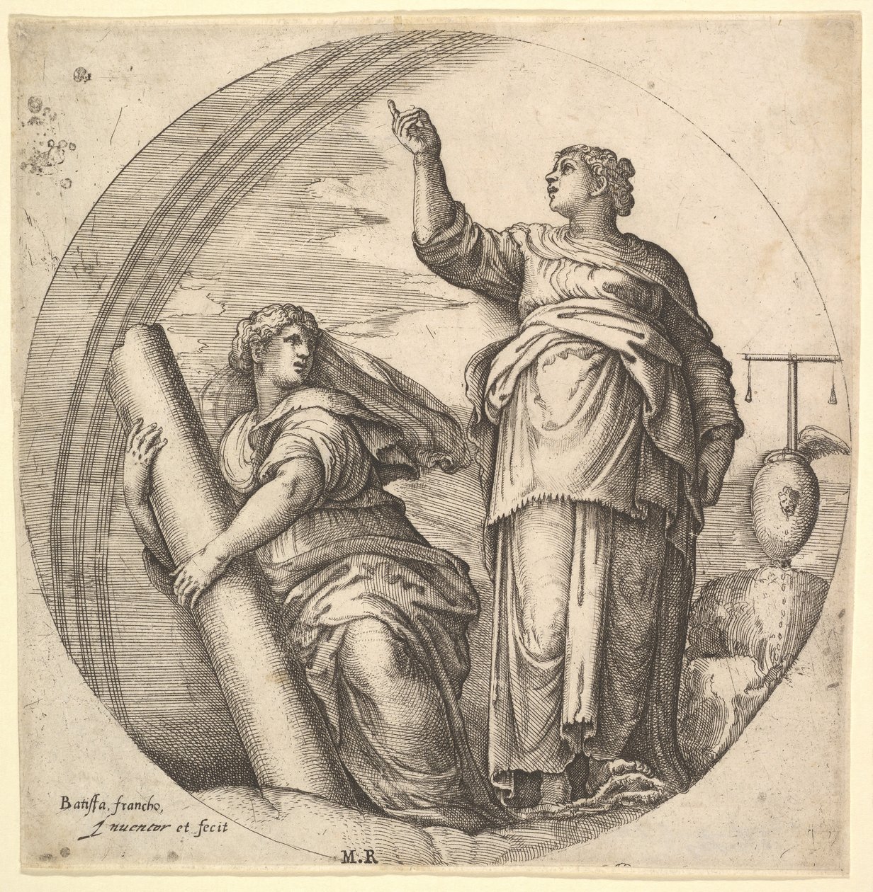 Fortitude and Justice, en allegorisk komposition i rundt format, med Fortitude g..., ca. 1530-61. af Battista Franco Veneziano