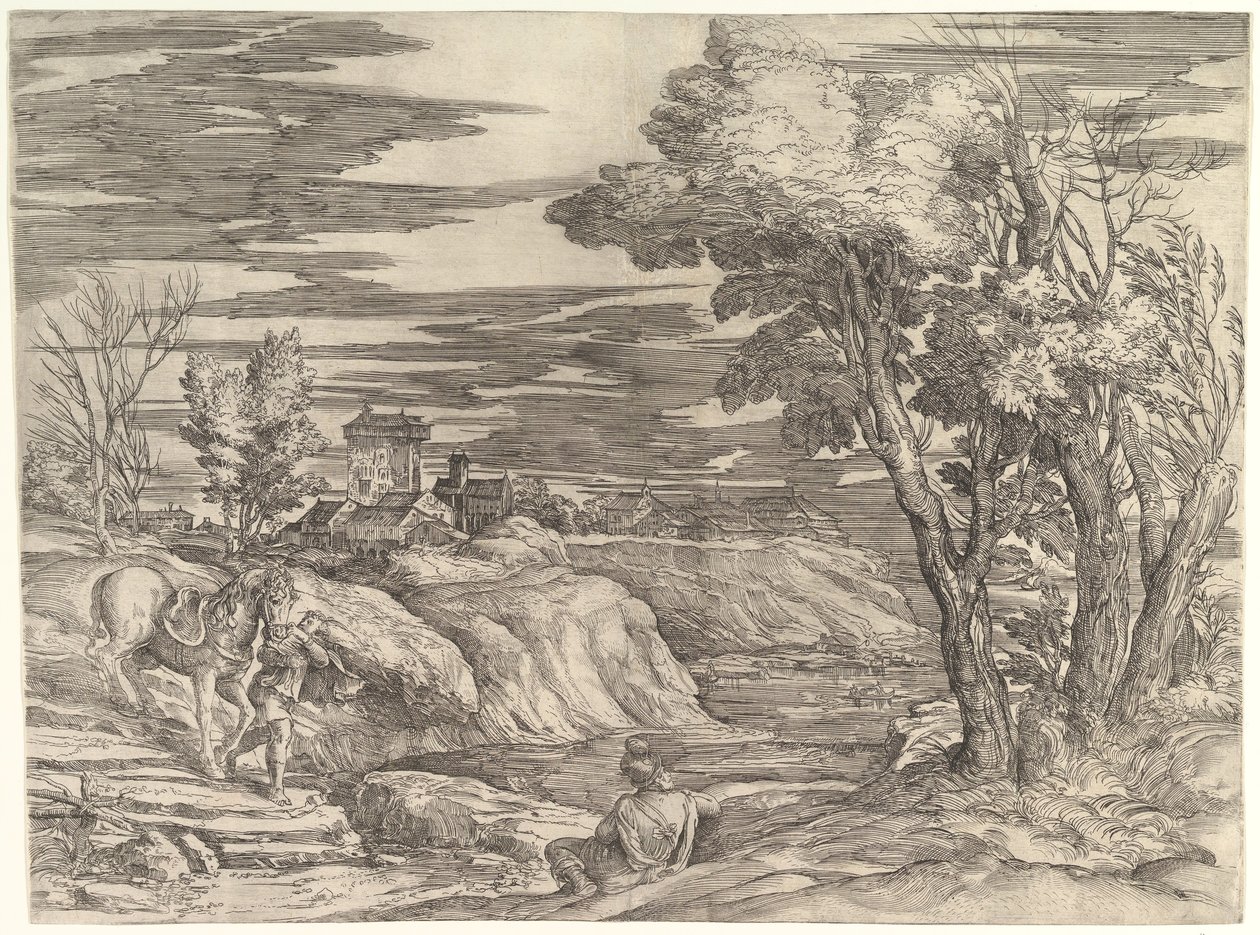 Landskab med en rytter og hans brudgom, ca. 1552-61. af Battista Franco Veneziano