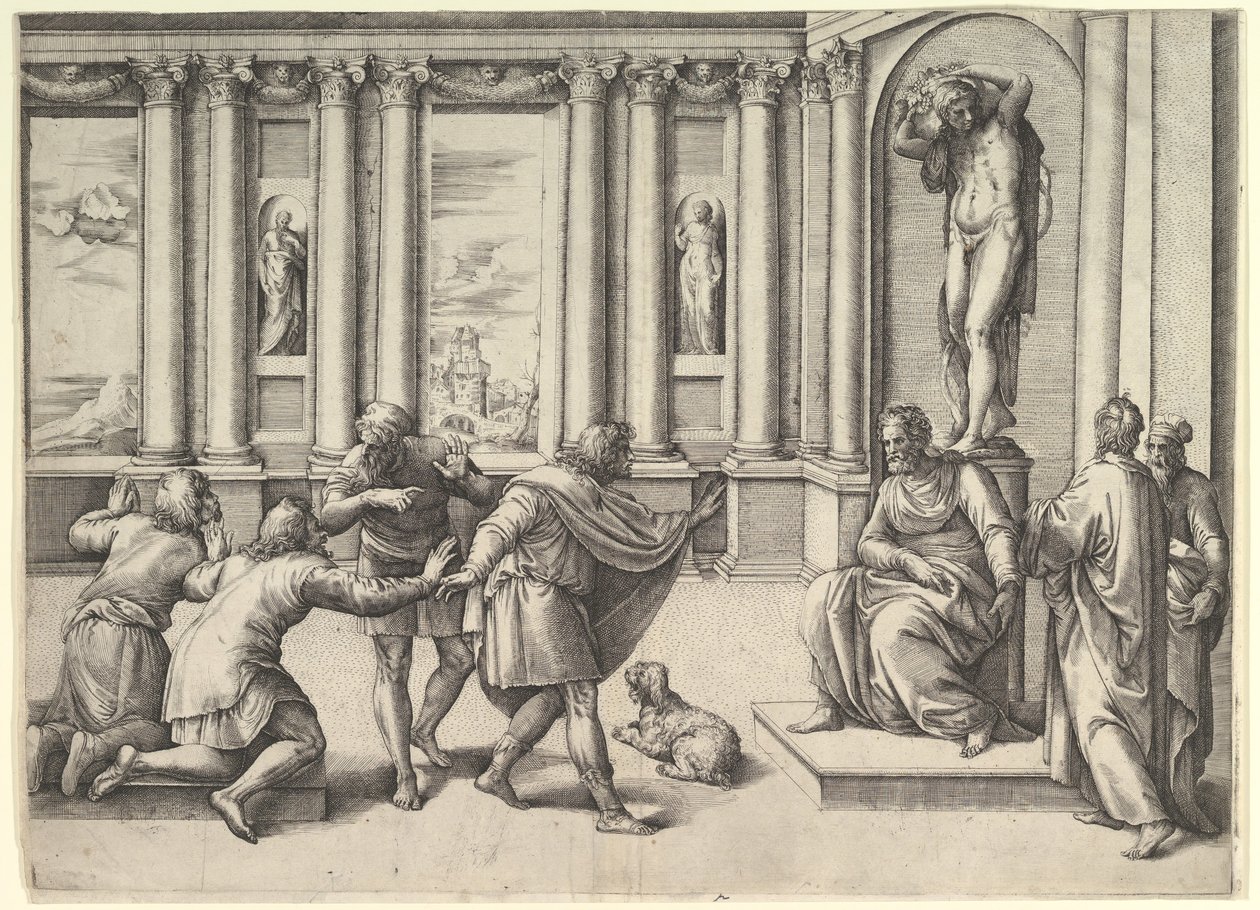 Mand, der sidder under en statue af Bacchus, modtager et publikum, ca. 1530-61. af Battista Franco Veneziano