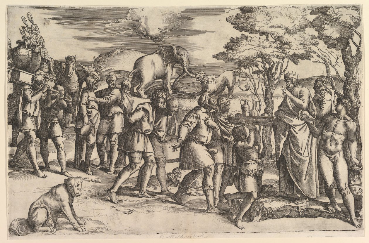Melkisedek ofrer brød og vin til Abraham, ca. 1547. af Battista Franco Veneziano