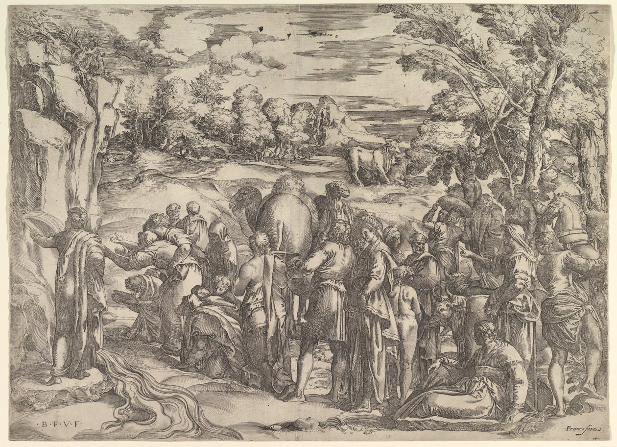 Moses trækker vand fra klippen, til venstre med vand strømmende, forskellige figurer og ..., ca. 1552-61. af Battista Franco Veneziano