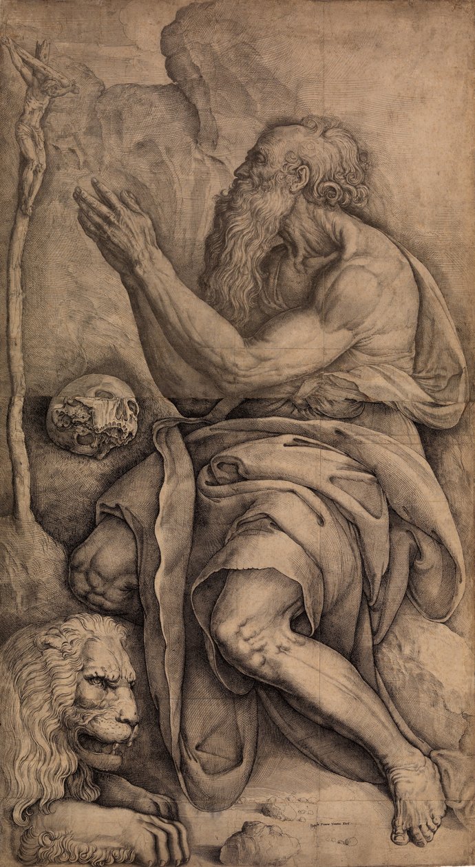 Sankt Hieronymus knæler foran et krucifiks, med kranie og løve, ca. 1550-60. af Battista Franco Veneziano